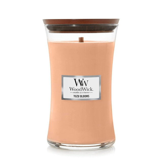WoodWick Large Hourglass Candle, Yuzu Blooms - Premium Soy Blend Wax, Pluswick Innovation Wood Wick, Made in USA