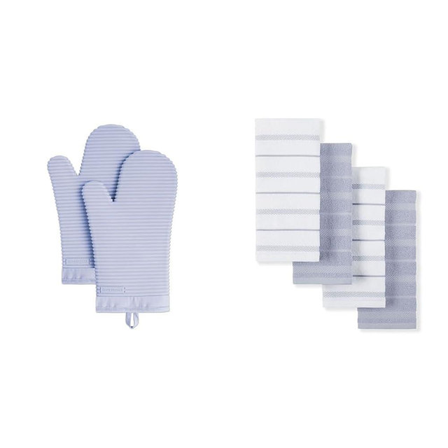 KitchenAid 2-Piece Ribbed Silicone Oven Mitt Set, Lavender Cream, 7.5"x13" & 4-Pack Albany Kitchen Towel Set, Lavender Cream/White, 16"x26"