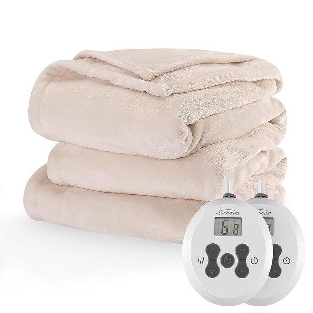 Sunbeam Royal Posh Velvet Heated Electric Blanket Queen Size, 90" x 84", 12 Heat Settings, 12-Hour Selectable Auto Shut-Off, Fast Heating, Machine Washable, Warm and Cozy, Champagne
