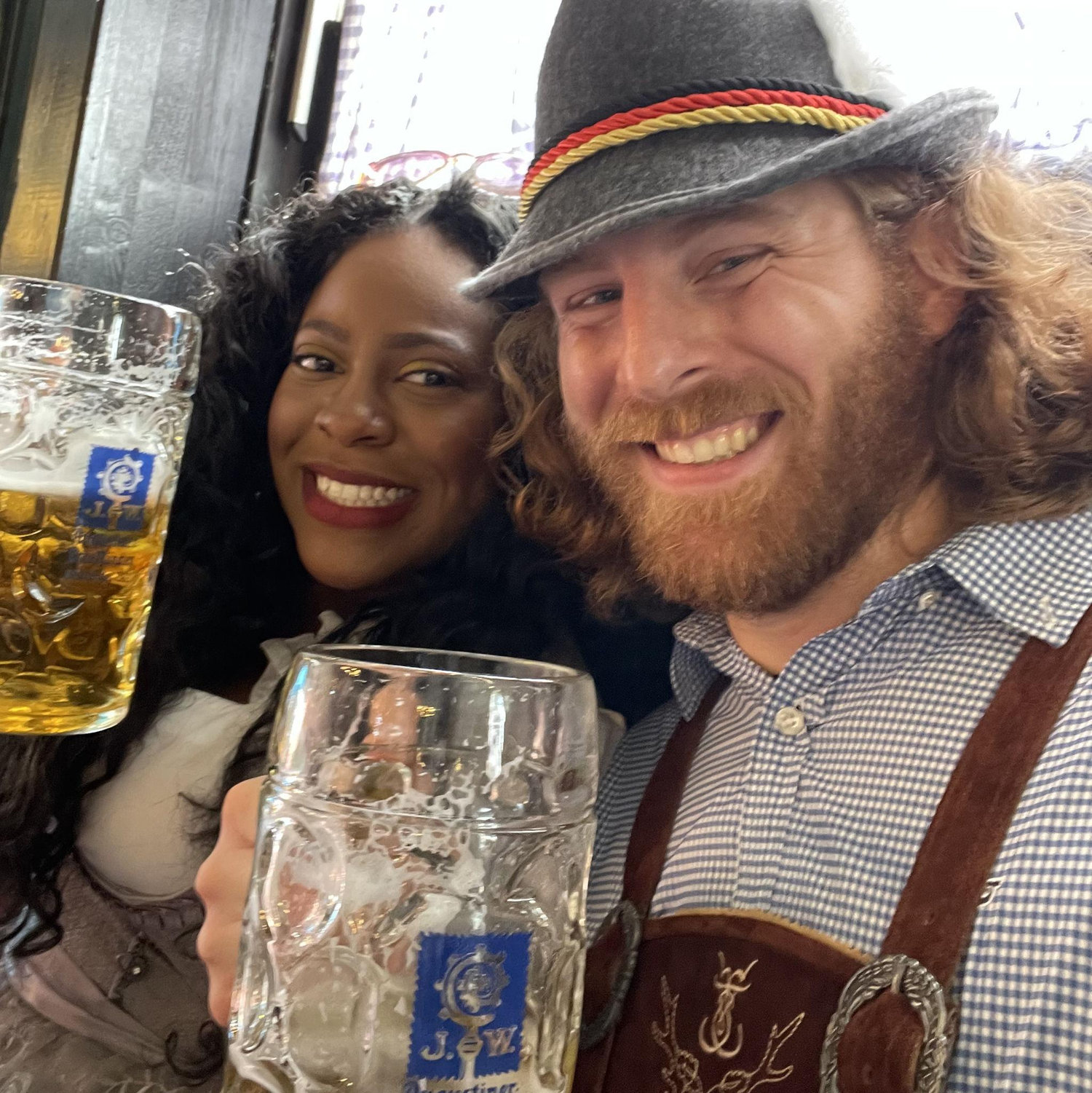 All gussied up in our Octoberfest attire at Oktoberfest in Munich, Germany 2022. We had so much fun!