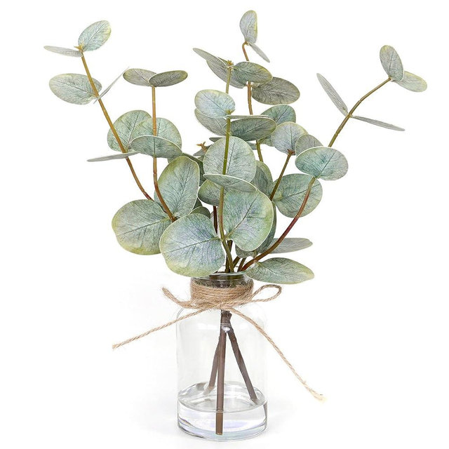 Muhanjia Artificial Eucalyptus Stems in Glass Vase with Faux Water,3Pcs Fake Plant with Double-Sided Green Eucalyptus Leaves for Centerpiece(Double-Sided Green Eucalyptus)