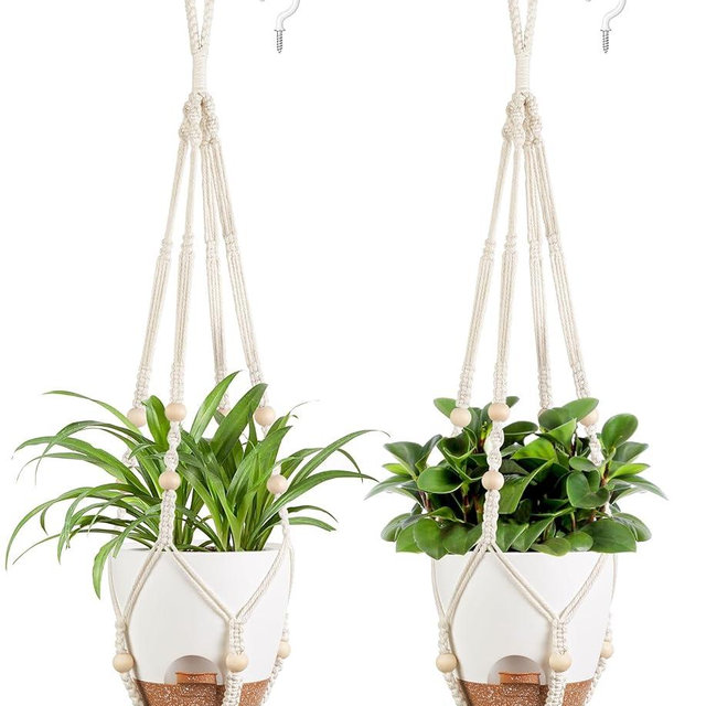 Mkono 6.5 Inch Hanging Planters, Macrame Plant Hangers with Self Watering Plant Pots Indoor Set of 2 Hanging Baskets Flower Pot Holders with Hooks No Tassels for Boho Home Decor, Ivory