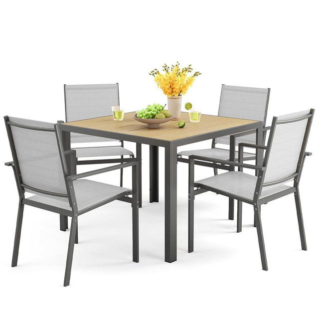 Ahomly Patio Table and Chairs Set for 4, All-Weather Outdoor Dining Set with Umbrella Hole, Outdoor Table and Chairst for Patio, Lawn, Garden, or Deck, Rustproof Steel Frame, Grey