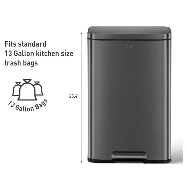 EKO Madison Matte Black Stainless Steel 13.2 Gal/50L Kitchen Step Trash Can or Recycling Bin, Removable Inner Liner, Soft Close Lid, Fingerprint Resistant Finish