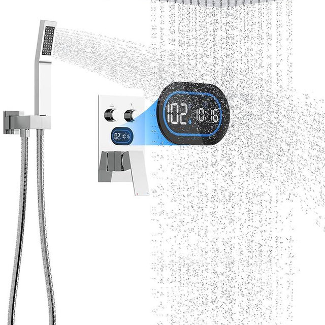 Push Button Diverter Shower Faucet Set Hydro Power Temperature Display, Shower System 10 Inch Shower Head with Handheld Spray, Wall Mounted Shower Fixtures with Valve and Trim Kit, Polished Chrome