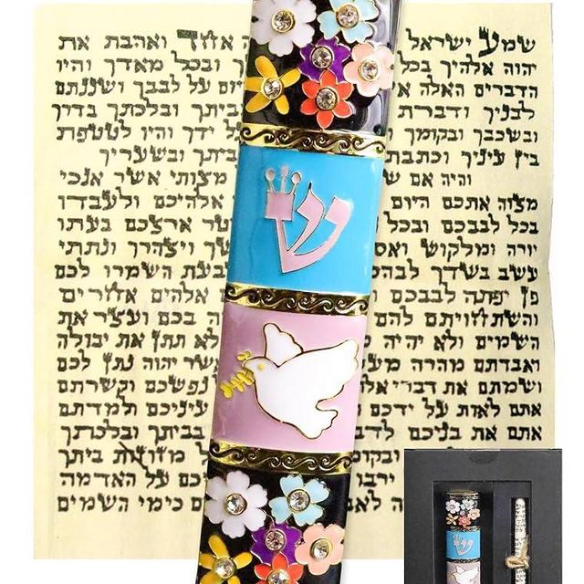 Zivosely Exquisite Enamel Design Mezuzah with Scroll, Easy Install Use Double-Sided Tape, Dove with an Olive Branch Theme Mezuzah for Door with Crystal Diamond Accent for Any Jewish Occasions, 3.8”