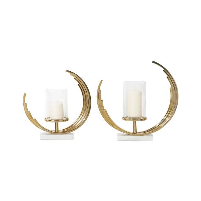 Contemporary Crescent Metal Candle Holders with Marble Bases, Set of 2