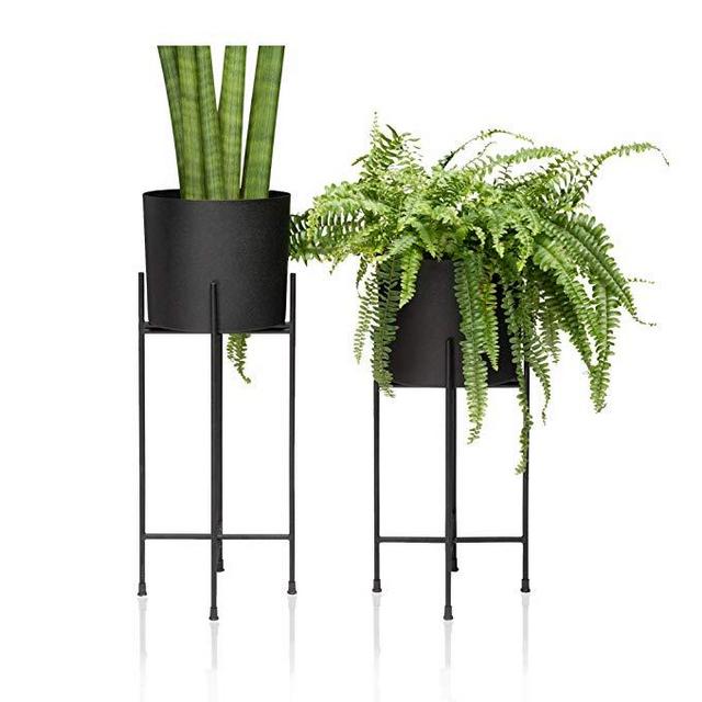 Kimisty Set 2 Modern Mid Century Black Planters with Stand | 7 Inch Large Planter Pots with Metal Stands | Flower Pot Living Room Decor | for Orchid, Aloe, Large Cactus Plants | 16 & 20 Inch Tall