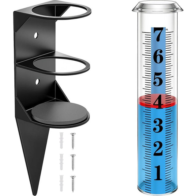 WondMall Rain Gauge Outdoor,7" Rain Gauges Outdoors Best Rated with Metal Rack Holder, Rain Measure Gauge, Easy to Read with Red Float, Large Font Plastic Replacement Tube for Yard Garden