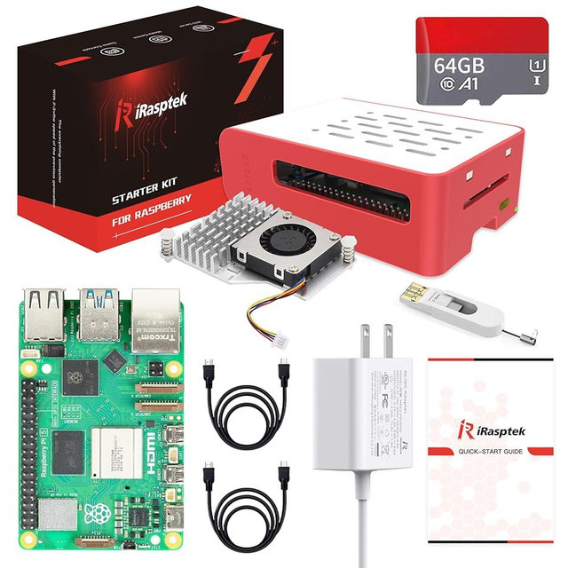 iRasptek Starter Kit for Raspberry Pi 5 RAM 8GB -Pre-Loaded with 64GB Edition Raspberry Pi OS （Red&White Case）