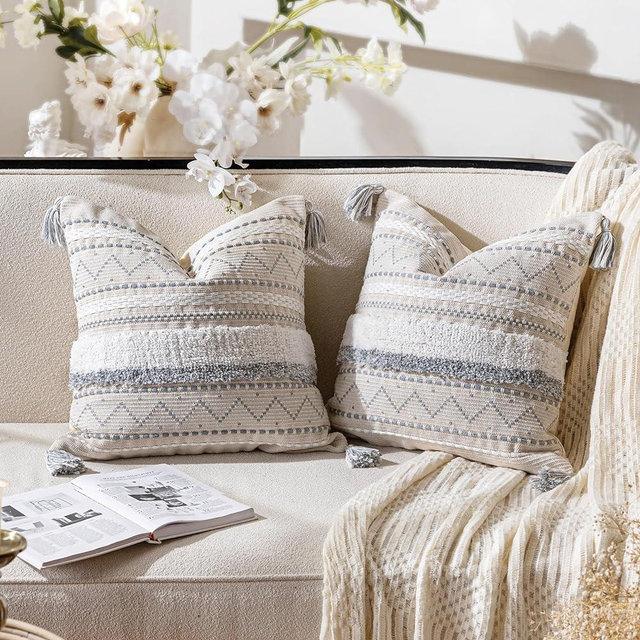 BlissBlush Gray Decorative Throw Pillow Cover 20x20 Combo Set of 2 Square Boho Neutral White Accent Pillowcase Tassels Farmhouse Cushion for Couch Sofa Bedroom Living Room Home Décor Cover ONLY
