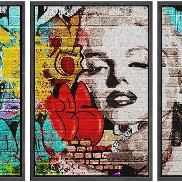 wall26 Framed Canvas Print Wall Art Set Urban High Contrast Marilyn Monroe Portrait Graffiti & Street Art People Illustrations Pop Art Colorful for Living Room, Bedroom, Office - 16"x24"x3 BLACK