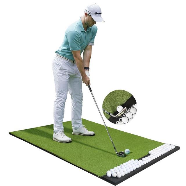 Integrated 3.3X5ft Golf Mat with Ball Tray, Thickening Golf Mats Practice Outdoor & Indoor, Artificial Turf Matt with 3 Tee for Hitting, Driving, Chipping, Swing in Backyard, Garage or Basement