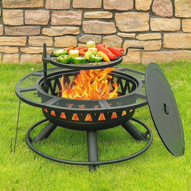 Florise 36 Inch Fire Pit with Grill & Lid, Outdoor Metal Wood Burning Fire Pit for Patio, 3 in 1 Large Firepit with Spark Screen & Fire Poker for Backyard Garden Bonfire