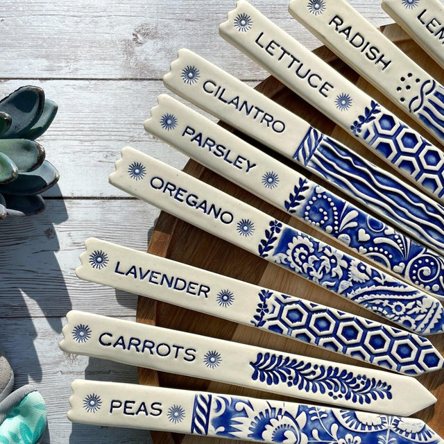 Handmade Ceramic Herb Garden Plant Marker: Blue Chinoiserie Style