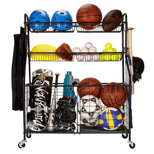 Sports Storage Organizer for Garage, WEYIMILA Ball Storage Garage with Baskets and Hooks, Rolling Sports Equipment Storage Cart with Wheels, Basketball Racks, Garage Sports Equipment Organizer