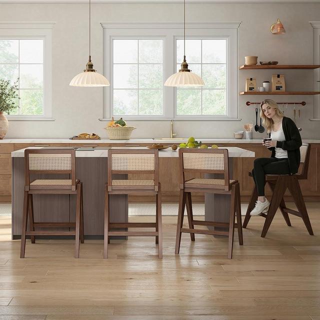 Hyfirm Rattan Bar Stools with Wood Frame Set of 4, 26" H Rattan Counter Height Bar Stools with Handwoven Wicker Cane Back for Kitchen Island, Walnut