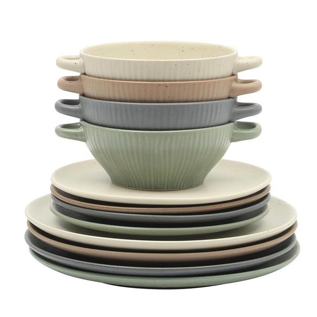 Gibson Elite Clover Hill 12-Piece Stoneware Dinnerware Set – Assorted Colors in Sage Green, Charcoal, Taupe & Cream – Embossed Reactive Glaze Plates & Bowls, Microwave & Dishwasher Safe, Service for 4