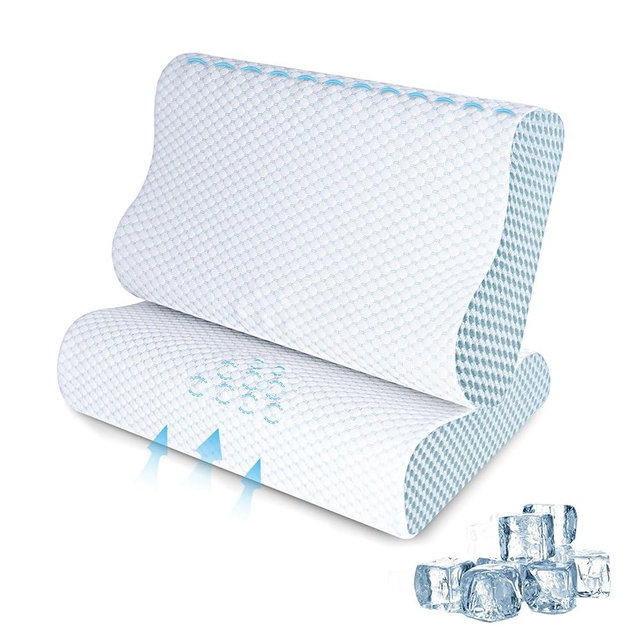 SUFOR 2 Pack Memory Foam Cooling Bed Pillows for Sleeping, Ergonomic Cervical Pillow for Neck and Shoulder Pain Relief, Adjustable Cold Pillow Set of 2,with Pillowcase（Blue）