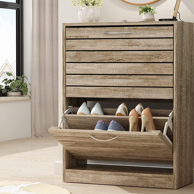 FUFU&GAGA Shoe Cabinet with 2 Flip Drawers for Entryway, Modern Shoe Storage Cabinet, Freestanding Shoe Rack Storage Organizer (22.4”W x 9.4”D x 29.5”H) (Light Brown)