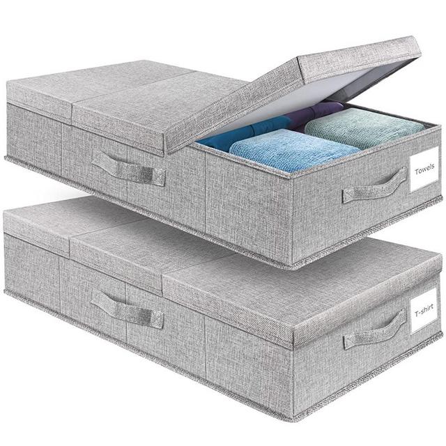 Under Bed Storage Containers Bin With Lid (Set of 2）Large Underbed Storage Organizer Box with Handle, Foldable Sturdy Under The Bed Storage Bags for Organizing Clothes, Shoes, Blankets, Pillows