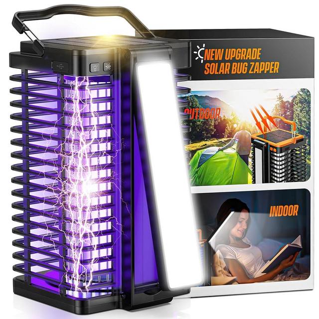 Evolpol Solar Bug Zapper Outdoor Indoor Mosquito Zapper with Reading Lamp, Cordless & Rechargeable Electric Insect Fly Zapper with 4200V UV Light, 2 in 1 Mosquito Killer for Home Backyard (Black)
