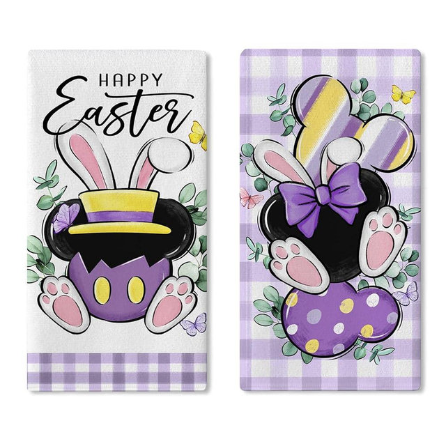 YMCAFZ Happy Easter Kitchen Dish Towels Set of 2, Bunny Rabbit Purple Plaid Hand Towels Drying Baking Cooking Cloth, Spring Eucalyptus Leaves Farmhouse Home Kitchen Decor 18 x 26 Inch