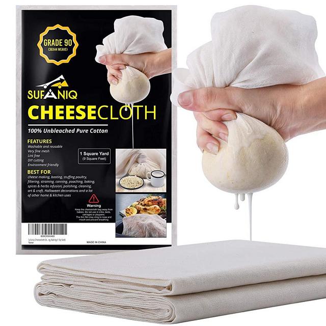 Sufaniq Cheesecloth Grade 90-9 Square Feet Unbleached 100% Cotton Fabric Ultra Fine Reusable Cheese Cloths for Straining Cooking Cheesemaking and Baking (1 Sq Yard)