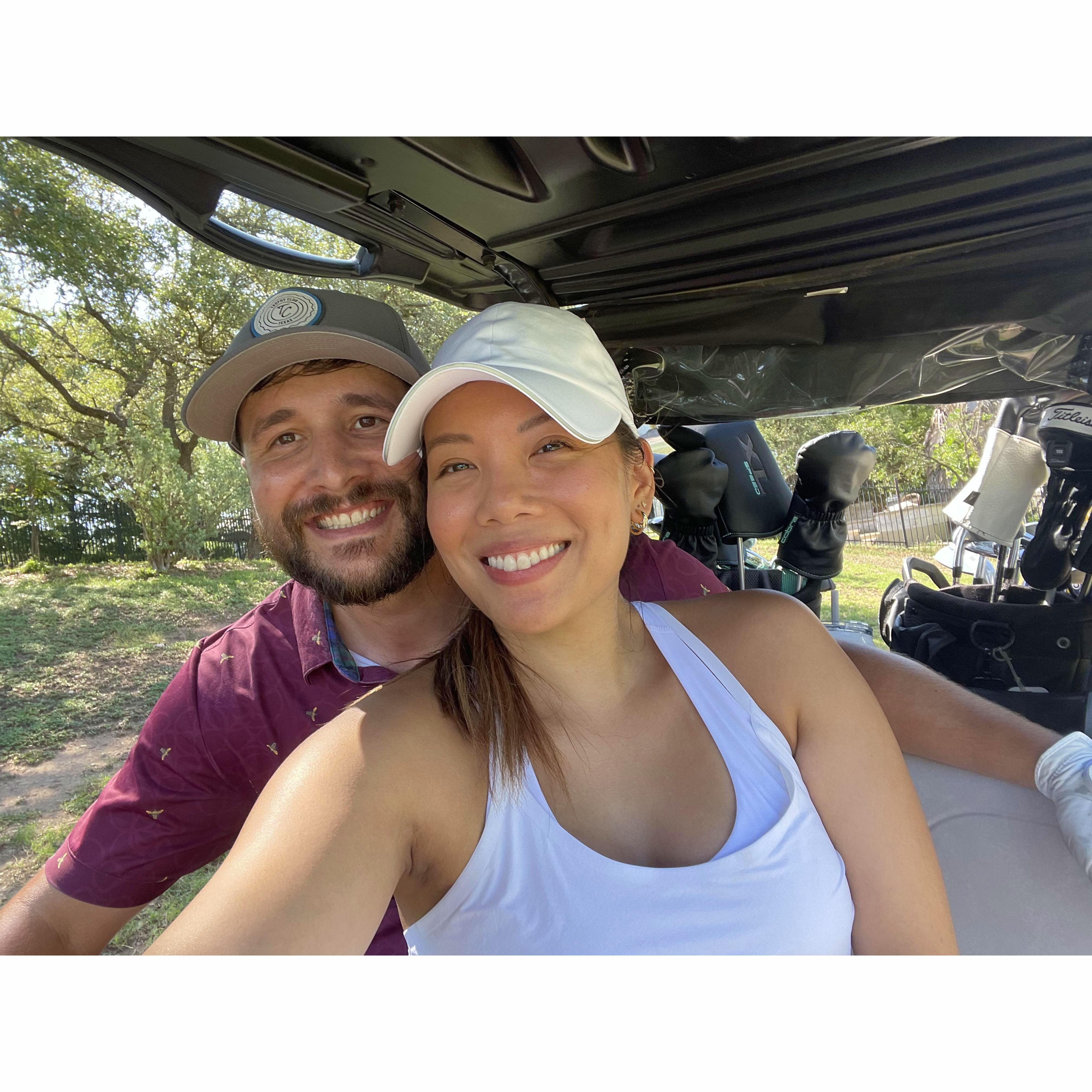 Annie is a better cart driver than golfer, but she looks cute.