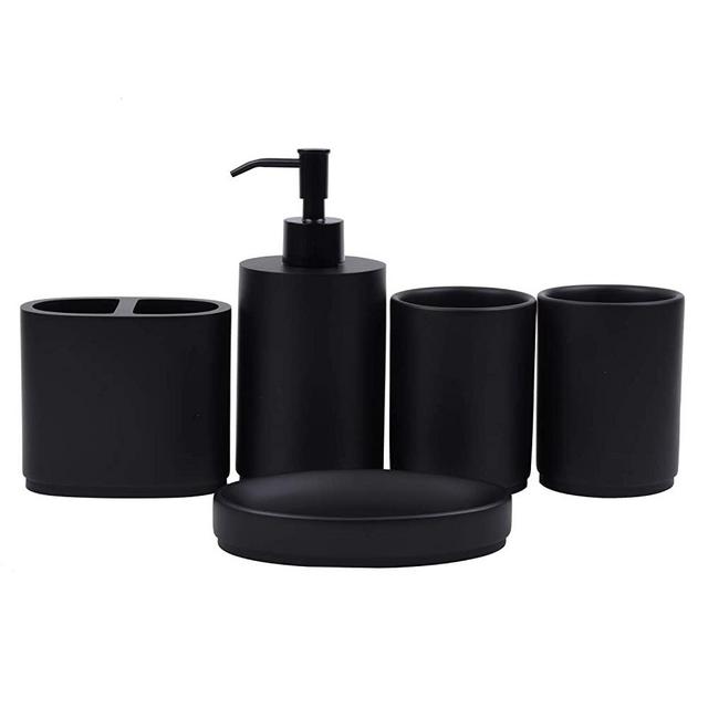 Zexzen Bathroom Accessories Set 5 Piece, Matte Black Bathroom Sets Accessories with Soap Dispenser,Toothbrush Holder,Soap Dish,Tumbler Cup,Resin Bathroom Gift Set (Matte Black)