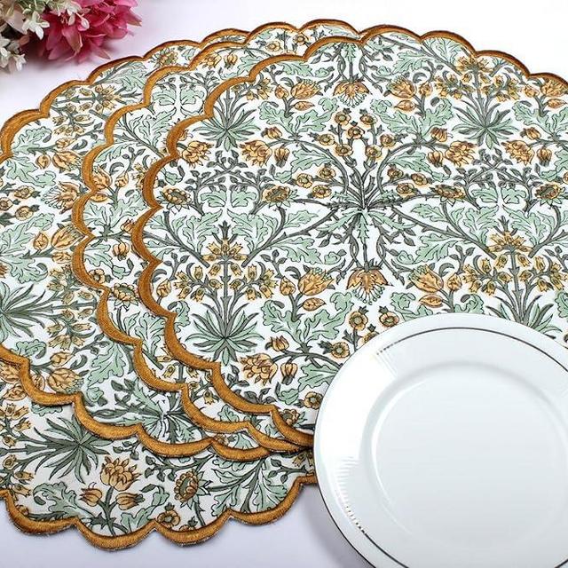 Ridhi Goldenrod Yellow Spring Place Mat Double Layer Floral Cotton Washable Placemats 15" Round Embroidery Block Print Table Mat (Pack of 4-15 Inch Round)