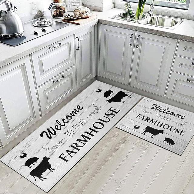 2 Pcs Kitchen Rugs Set Washable Kitchen Mats for Floor, Home, Sink, Bathroom Non Slip Cushioned Farmhouse Kitchen Rug Runner Standing Mat（Farmhouse