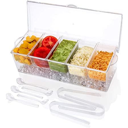 Ice Chilled 5 Compartment Condiment Server Caddy - Serving Tray Container with 5 Removable Dishes with Over 2 Cup Capacity Each and Hinged Lid | 3 Serving Spoons + 3 Tongs Included