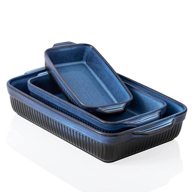 Kanwone Ceramic Baking Dishes, Rectangular Lasagna Pans, Casserole Dishes, Bakeware Set for Cooking, Kitchen, Cake Dinner, 9 x 13 Inches, Stripe Series - Reactive Glazed (Bright Blue)