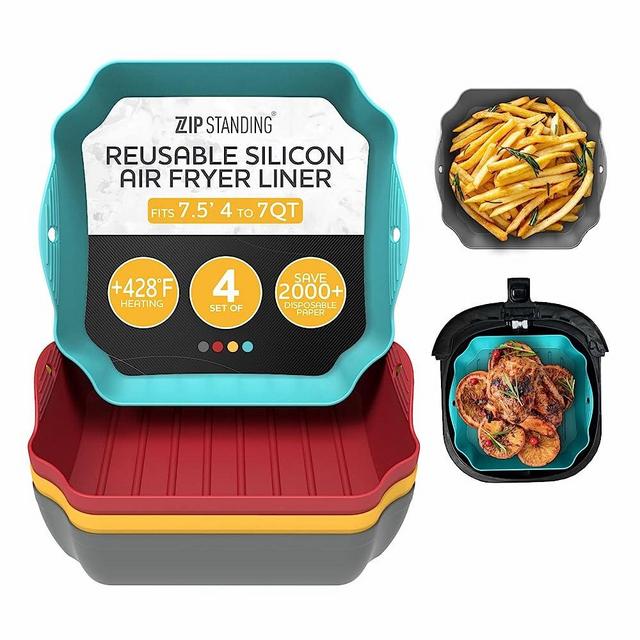 Silicone Air Fryer Liners Set OF 4, Air Fryer Silicone Liners for 4-7QT Air Fryer Tray Baking Oven, 7.5” Reusable Square Air Fryer Liners with Handles & Holes, Air Fryer Inserts, Air Fryer Accessories