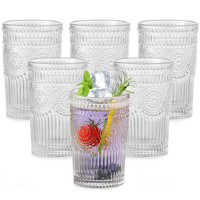 ZMOWIPDL Vintage Glassware Drinking Glasses Set of 6,13 oz Clear Textured Flower Design Glass Water Tumblers，Embossed Striped Drinkware for Water,Cocktails,Juice,Iced Coffee