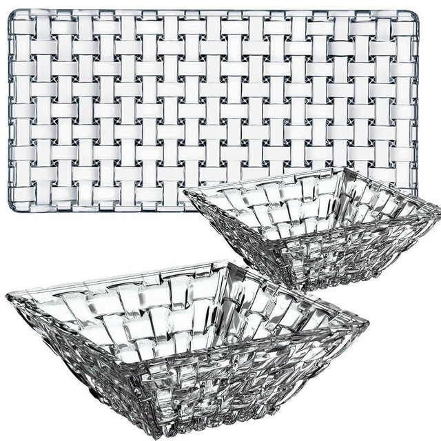 Nachtmann Bossa Nova Collections, 3 Piece Plate and Bowl Serving Set, For Dips, Smalls Salads, Nuts, Dried fruit, Crystal Clear Glass, Dishwasher Safe