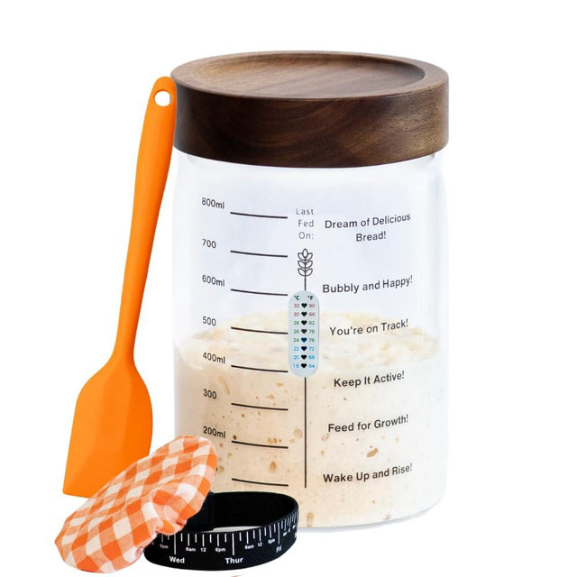 Sourdough starter jar –34 oz -Includes Sourdough Starter kit, Thermometer, Date Marker Feeding Band, Spatula, Sewn Cloth Cover, Wood Lid with Funny Phrases – Essential Sourdough Bread Baking Supplies"