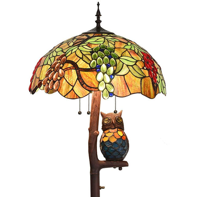 Bieye L10766 Grape Tiffany Style Stained Glass Floor Lamp with 18 inches Wide Lampshade, Owl Side Lamp, 4-Light, 65 inches Tall