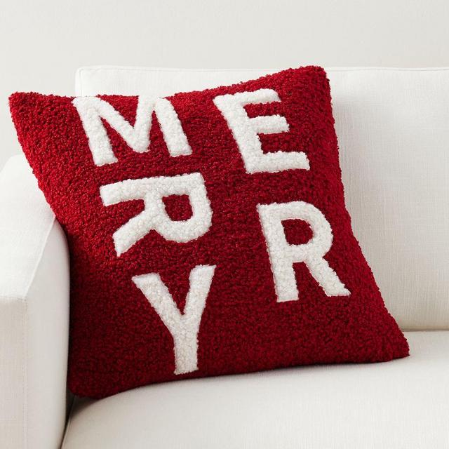 Merry Teddy Applique Pillow Cover, 20", Red