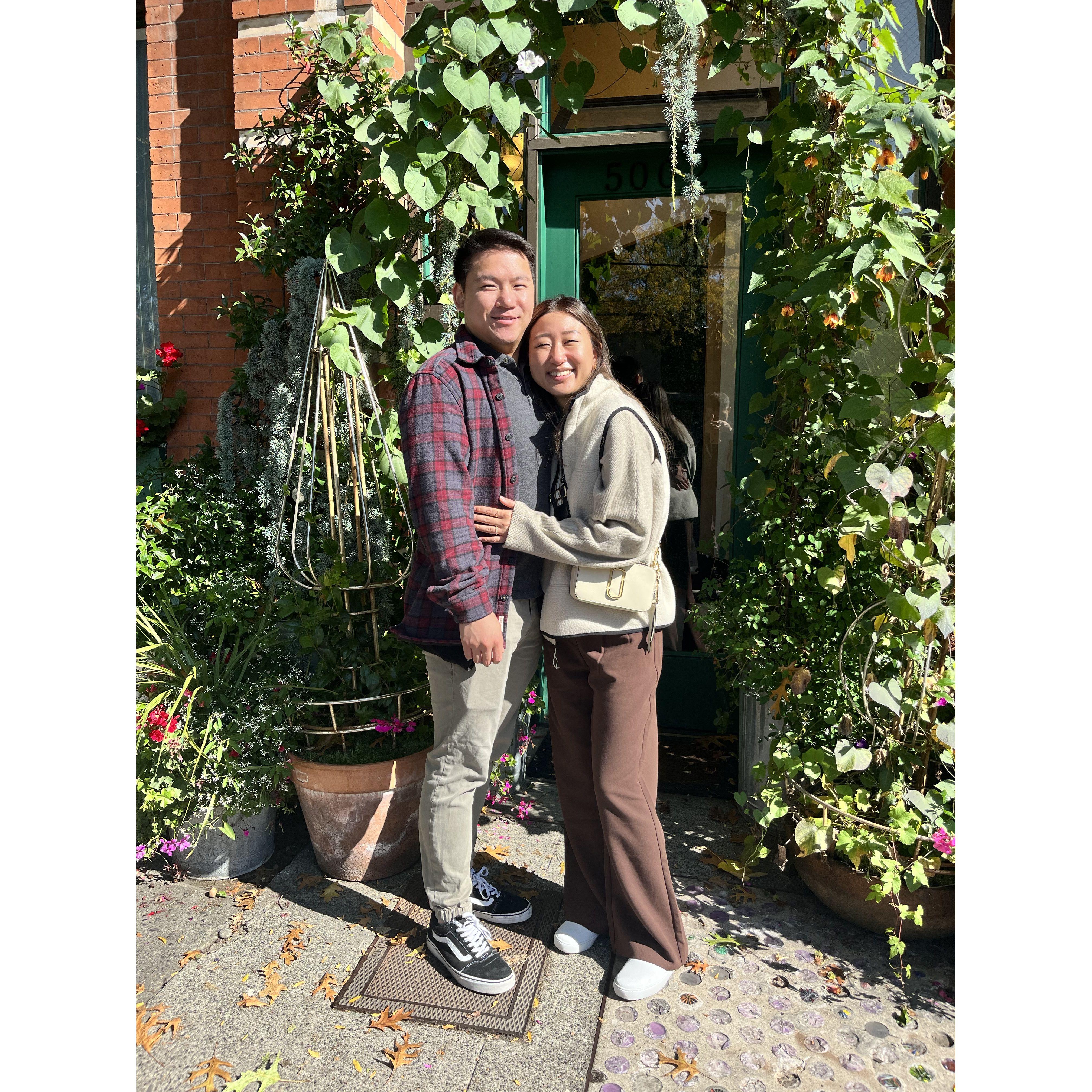 Wedding dress shopping, Garrett stood outside