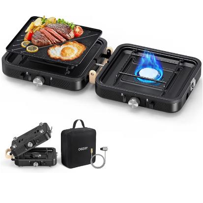 OGERY 2-Burner Foldable Camping Stove with Griddle (Textured & Smooth) and Carrying Bag, Portable Propane Camp Stove with 2 Adjustable Burners & Piezo Ignition, for Camping Tailgating Essentials Gear