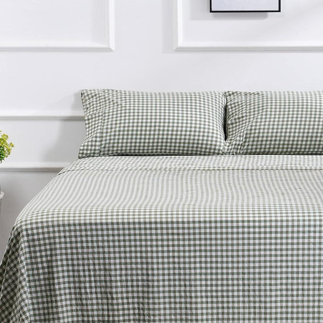 100% Cotton Full Sheet Set - 4 Piece Cotton Sheets Full Size Bed Set, Soft, Smooth, Durable, Easy Care, 16" Deep Pocket Checkered Green Sheets - 1 Flat, 1 Fitted, 2 Pillowcases
