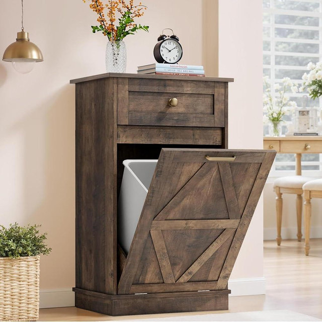 Furmax Tilt Out Trash Cabinet 10 Gallon, Woodern Hidden Trash Can Holder, for Kitchen, Laundry Sorter(Dark Brown)