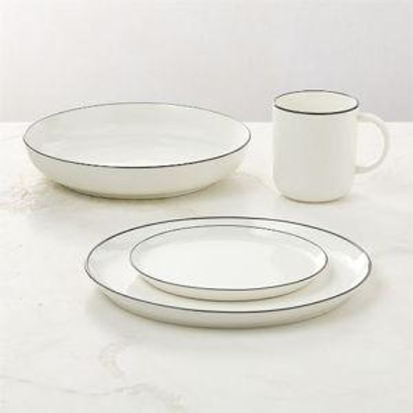 Contact 4-Piece White Ceramic Black Rim Dinnerware Set with Pasta Bowl