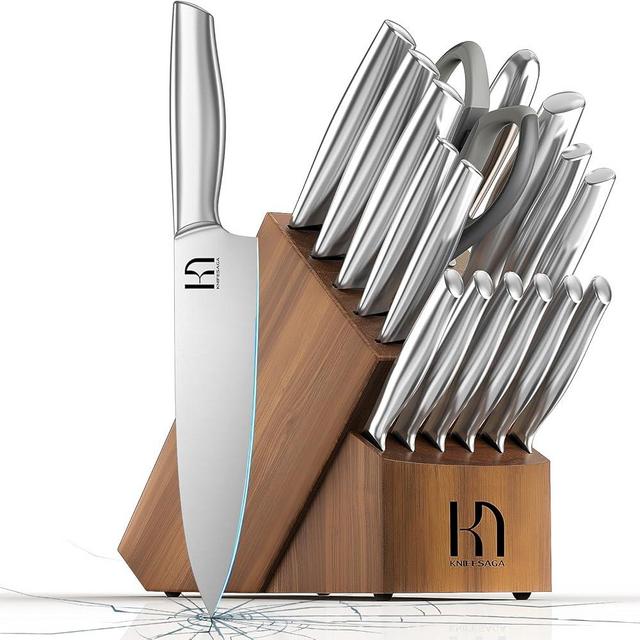 KnifeSaga Kitchen Knife Set with Block 17 Pcs, Knife Block Set, Japanese High Carbon Stainless Steel Knives Set for Kitchen with Sharpener, Razor Sharp Premium Block Knife Sets
