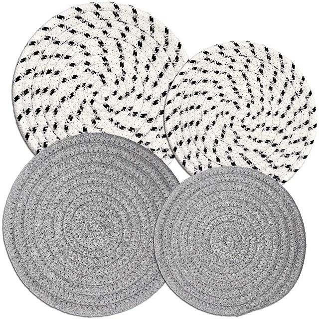 Potholders Set Trivets Set of 4[Two 9-Inch+Two 7-Inch] | 100% Eco Pure Cotton Thread Weave Trivets for Hot Pots and Pans | Hot Coasters | Hot Pads for Kitchen | Hot Mats | Gray + White & Black Flakes