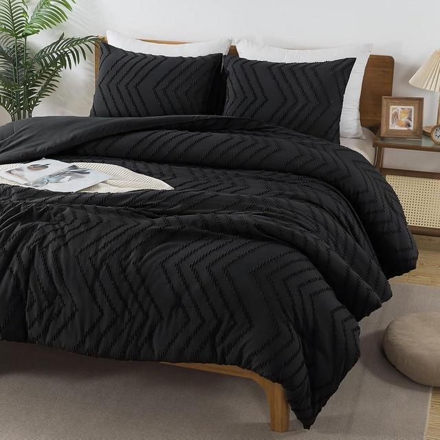 Andency Black Comforter Queen, Boho Soft Fluffy Warm Lightweight Bedding Comforter Sets for Queen Bed, 3 Pieces Chevron Tufted Aesthetic Microfiber Lightweight Comforter Set