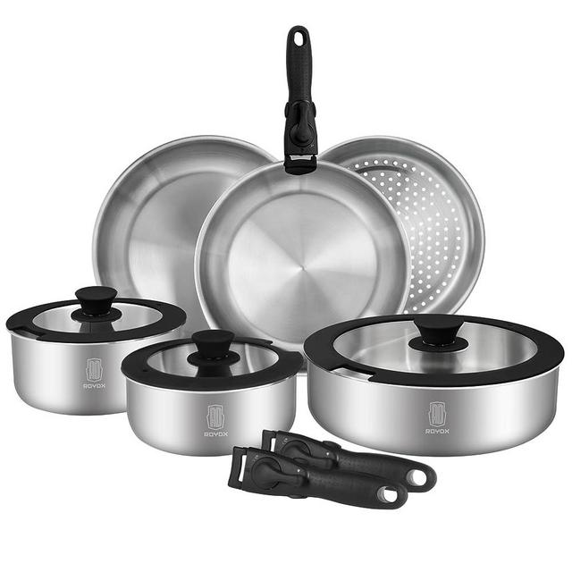 ROYDX Pots and Pans Set, 20 Piece Stainless Steel Kitchen Removable Handle Cookware Set, Frying Saucepans with Lid, Stay-Cool Handles for All Stoves, Dishwasher and Oven Safe, Camping
