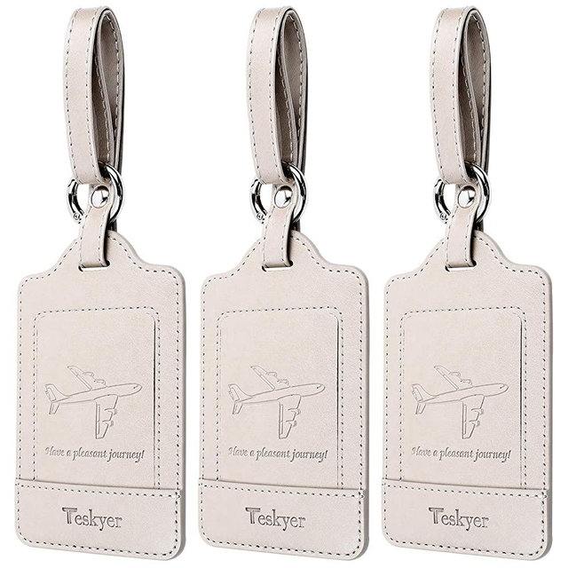 Luggage Tags, 3 Pack Teskyer Premium PU Leahter Luggage Tags Privacy Protection Travel Bag Labels Suitcase Tags-Gray
